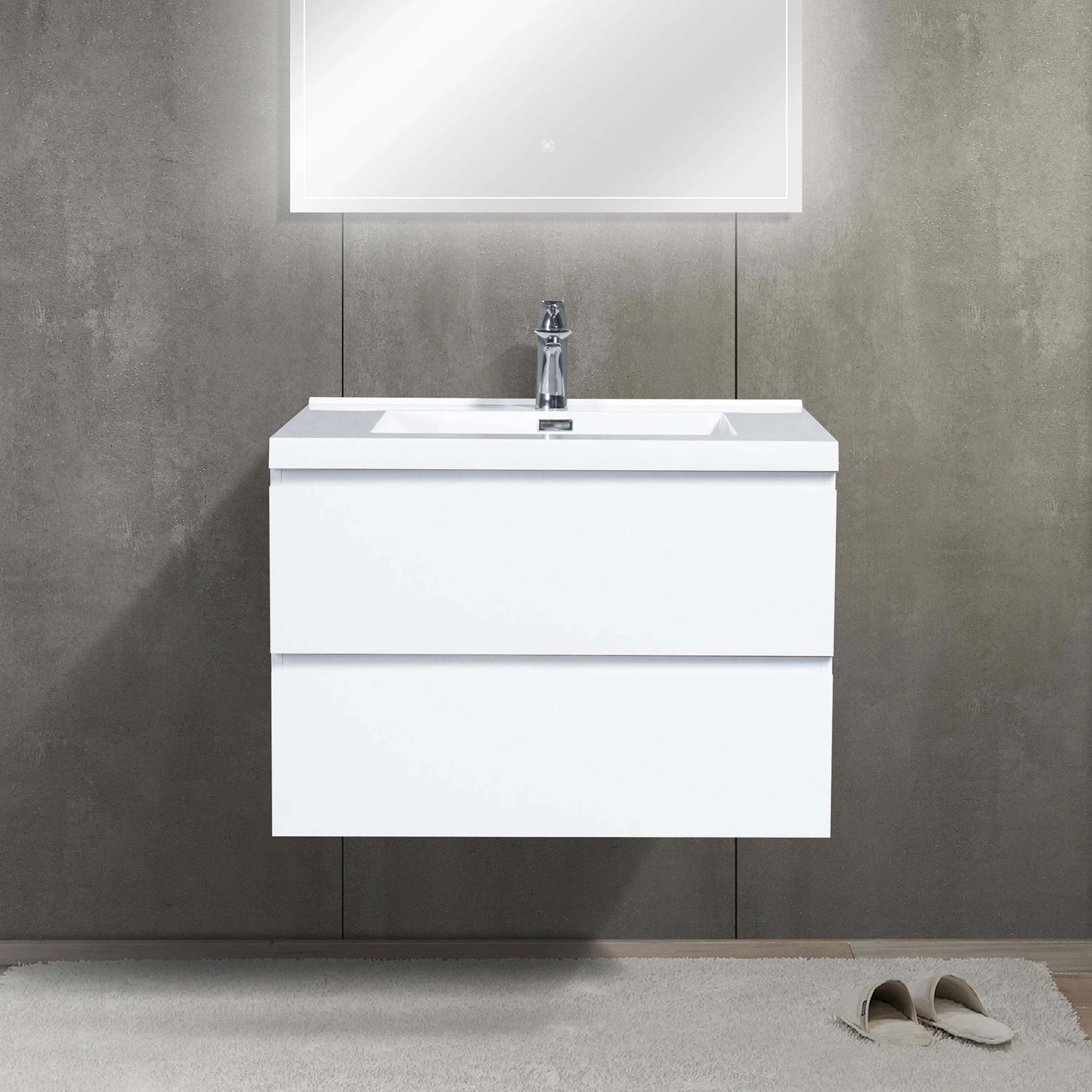 Meuble-Lavabo Mural 30po Blanc Brillant avec Comptoir de Polymarbre Blanc 
