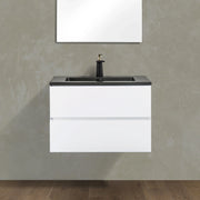 30" White Wall Mount Bathroom Vanity with Black Engineered Quartz Countertop