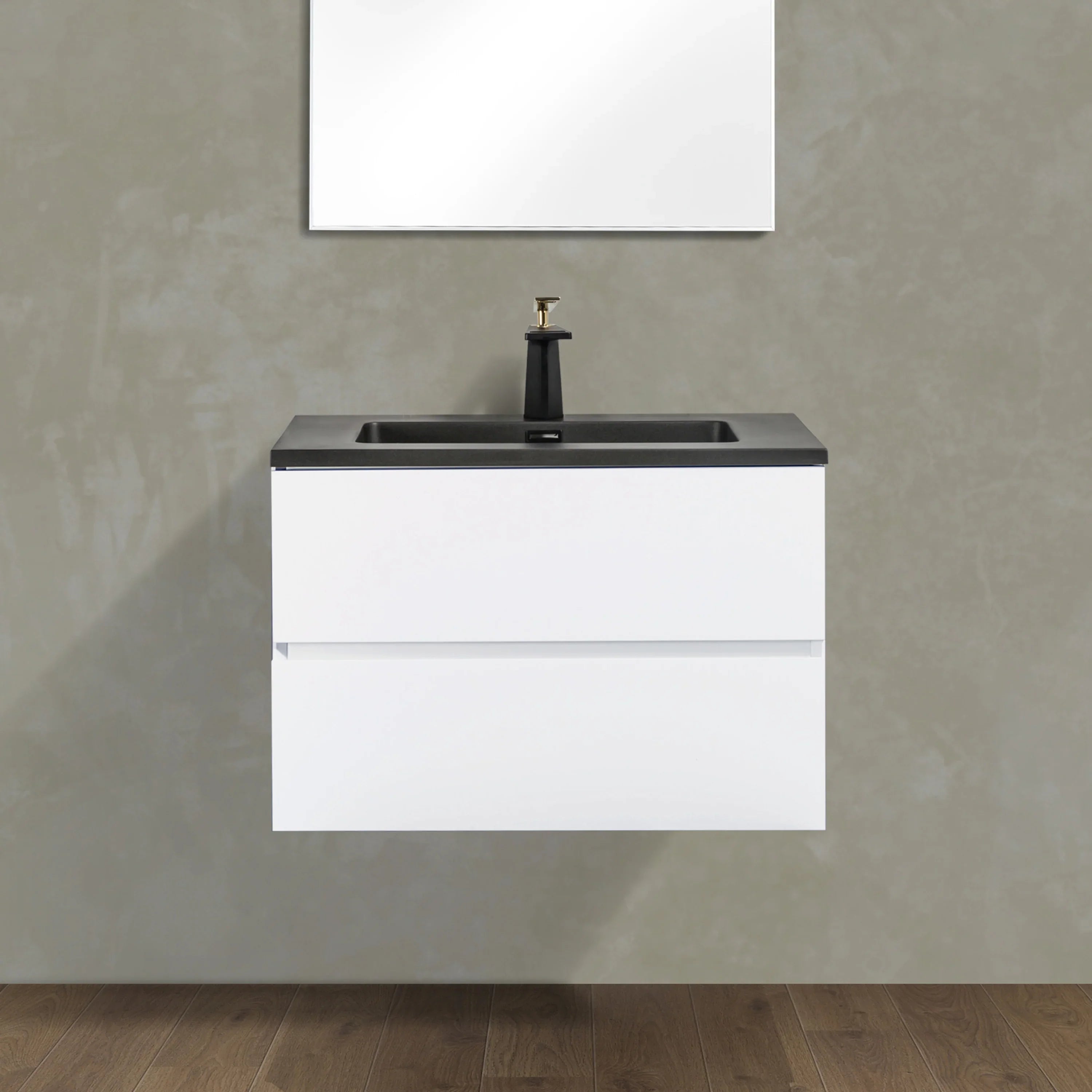 Meuble-lavabo mural blanc 30" pour salle de bain avec Comptoir en quartz noir reconstitué