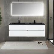 60" White Wall Mount Double Sink Bathroom Vanity with Black Engineered Quartz Countertop