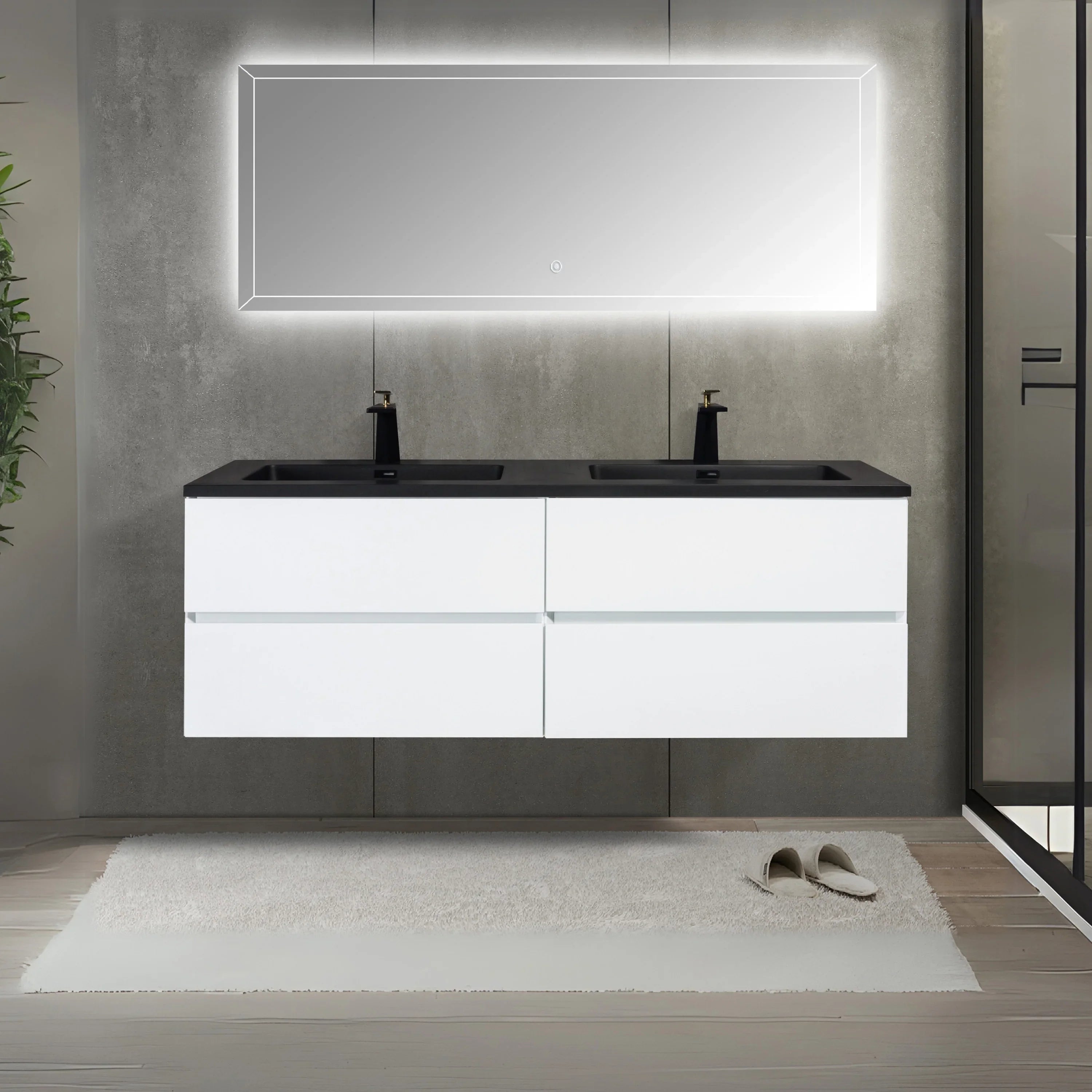 60" White Wall Mount Double Sink Bathroom Vanity with Black Engineered Quartz Countertop