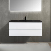 48" White Wall Mount Single Sink Bathroom Vanity with Black Engineered Quartz Countertop