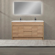 60" Rough Oak Freestanding Double Sink Bathroom Vanity with White Polymarble Countertop