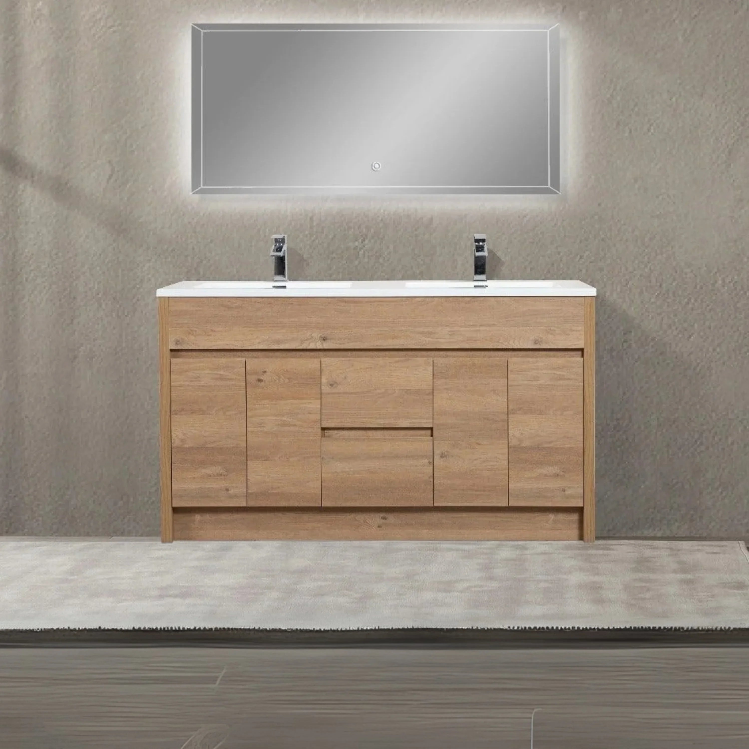 60" Rough Oak Freestanding Double Sink Bathroom Vanity with White Polymarble Countertop