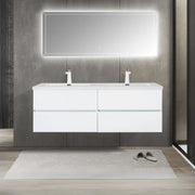 60" White Wall Mount Double Sink Bathroom Vanity with White Polymarble Countertop