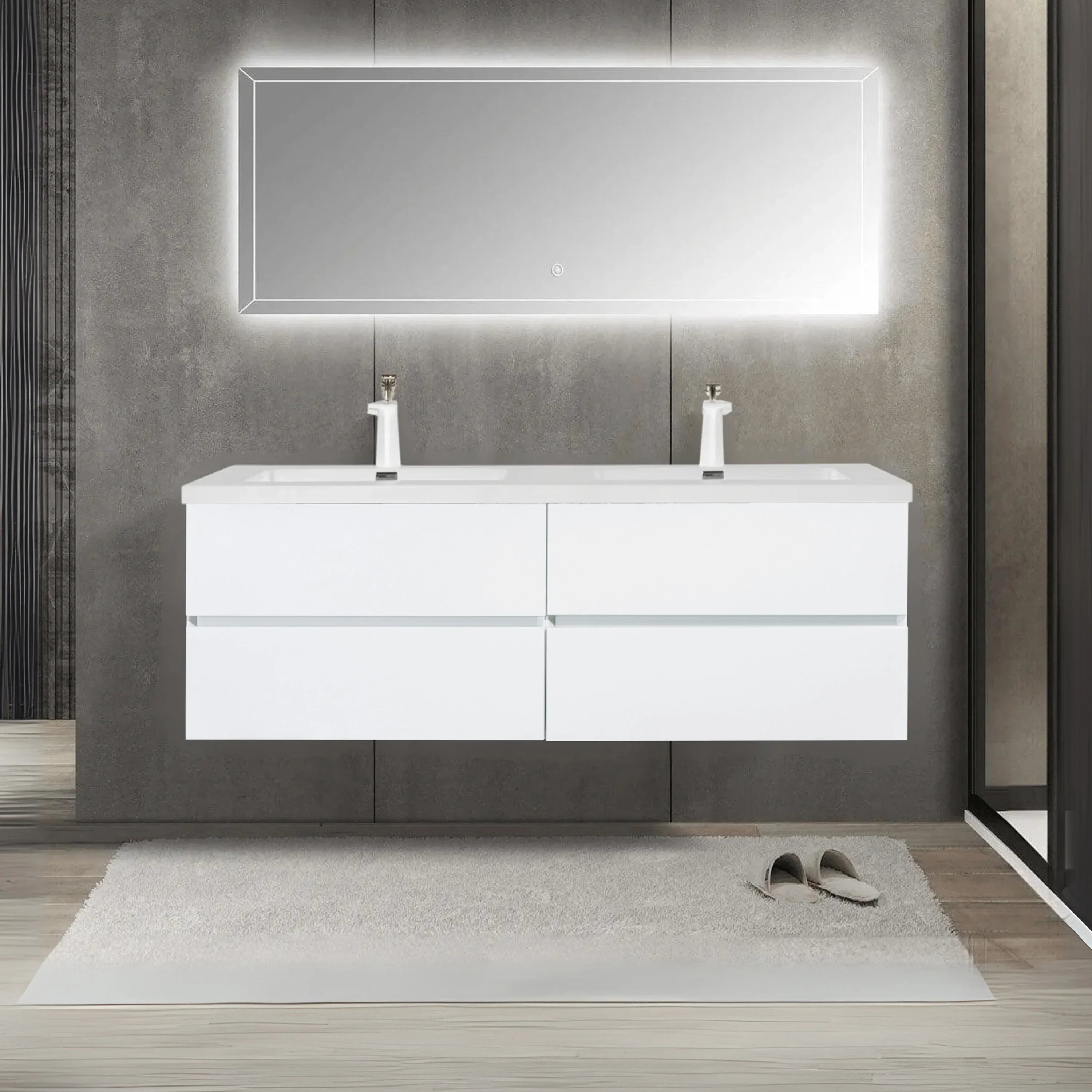 60" White Wall Mount Double Sink Bathroom Vanity with White Polymarble Countertop