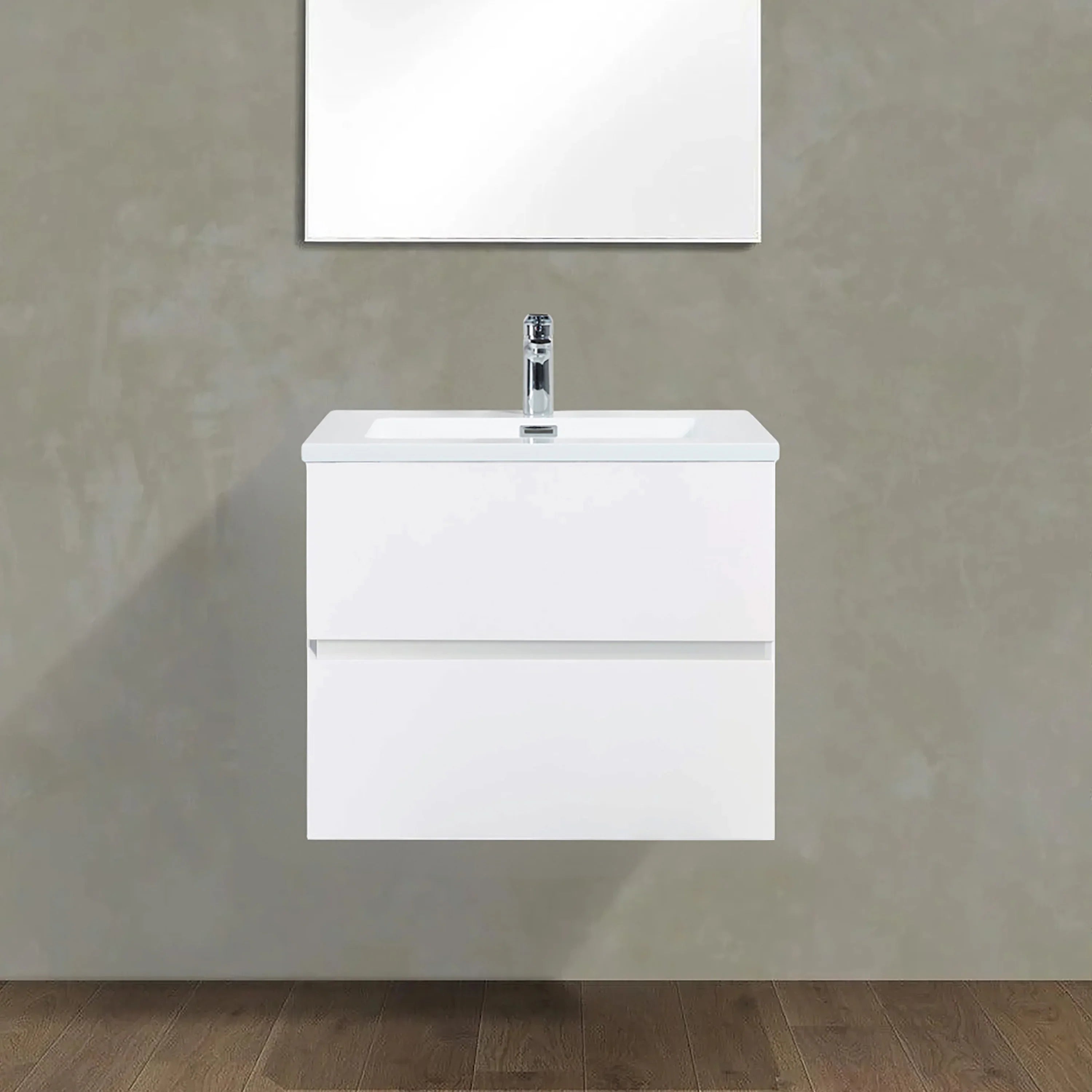24" White Wall Mount Single Sink Bathroom Vanity with White Polymarble Countertop