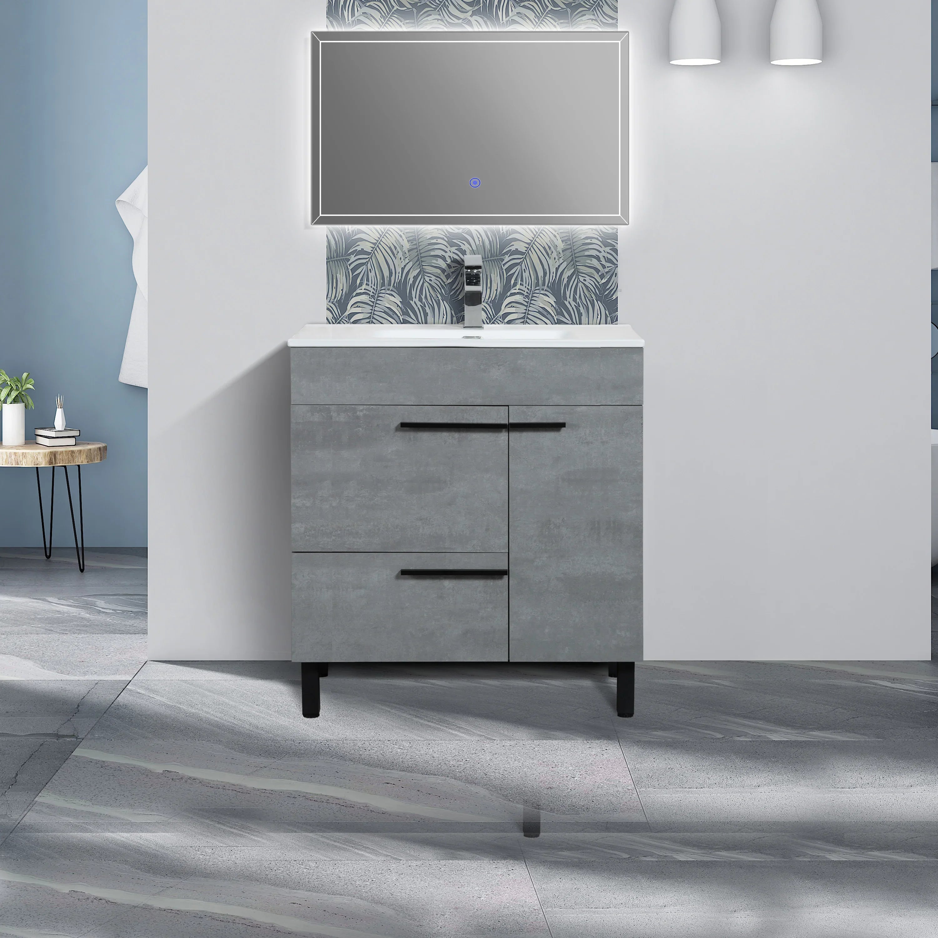 36" Cement Freestanding Single Sink Bathroom Vanity with White Ceramic Countertop