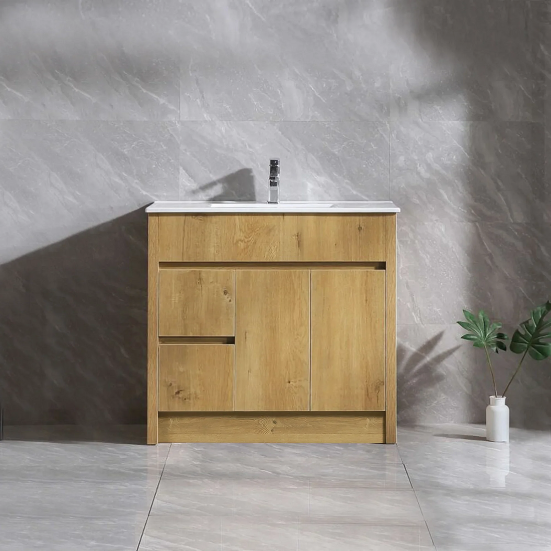 36" Frosted Oak Freestanding Bathroom Vanity with White Ceramic Countertop