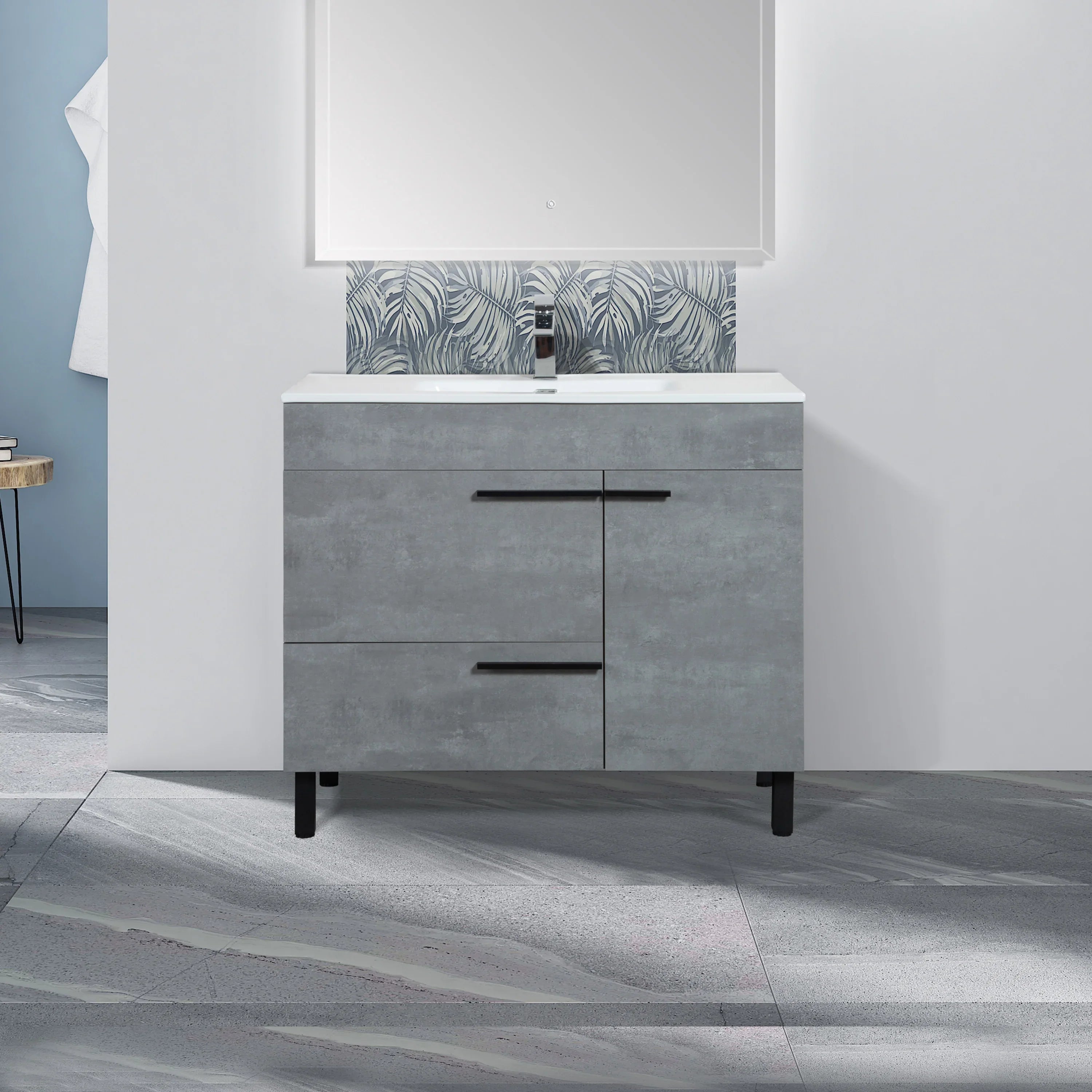 40" Cement Freestanding Single Sink Bathroom Vanity with White Ceramic Countertop