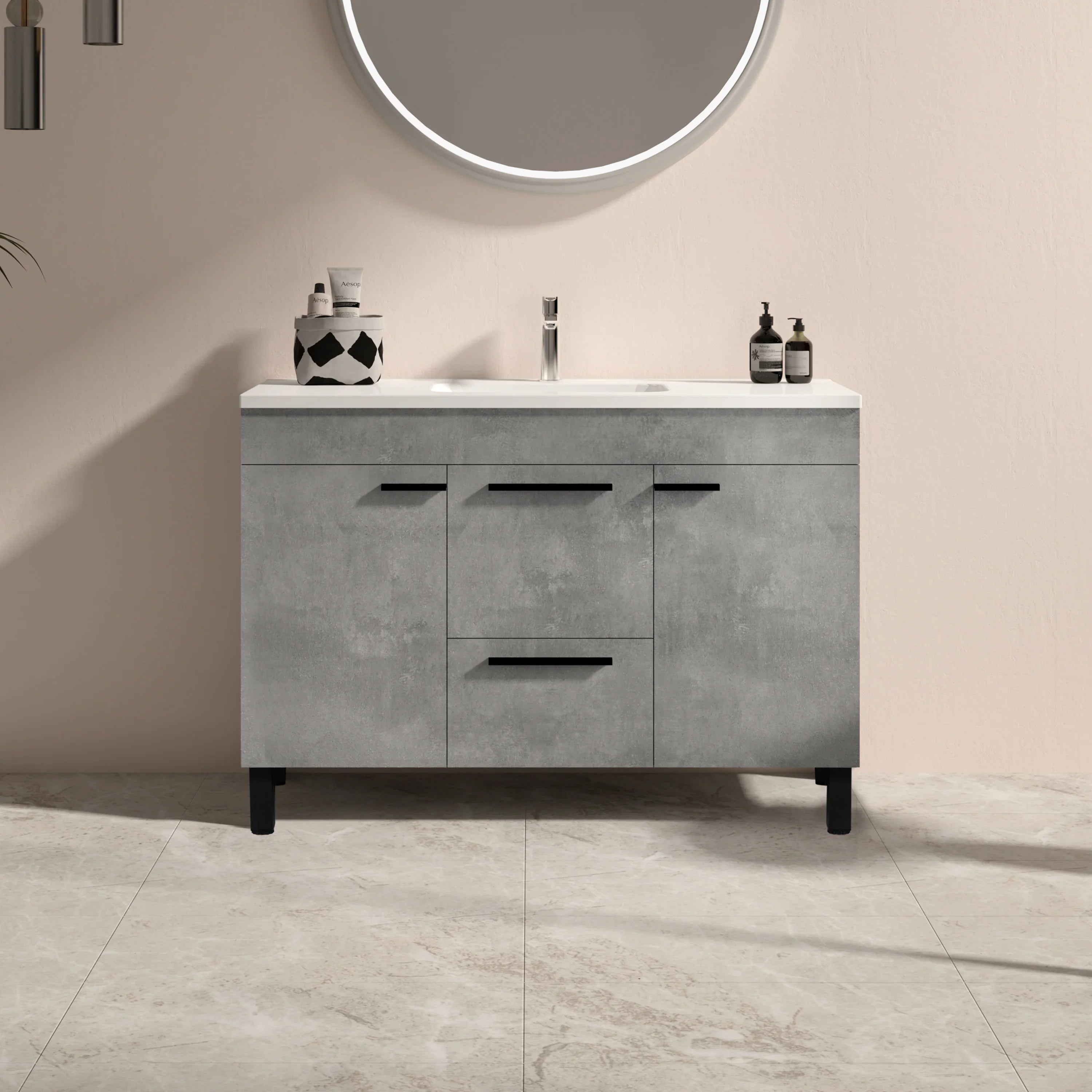 Meuble-lavabo de salle de bain autoportant simple vasque en ciment de 48" avec Comptoir en céramique blanche Odessa