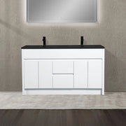 60" Matte White Freestanding Double Sink Bathroom Vanity with Black Engineered Quartz Countertop
