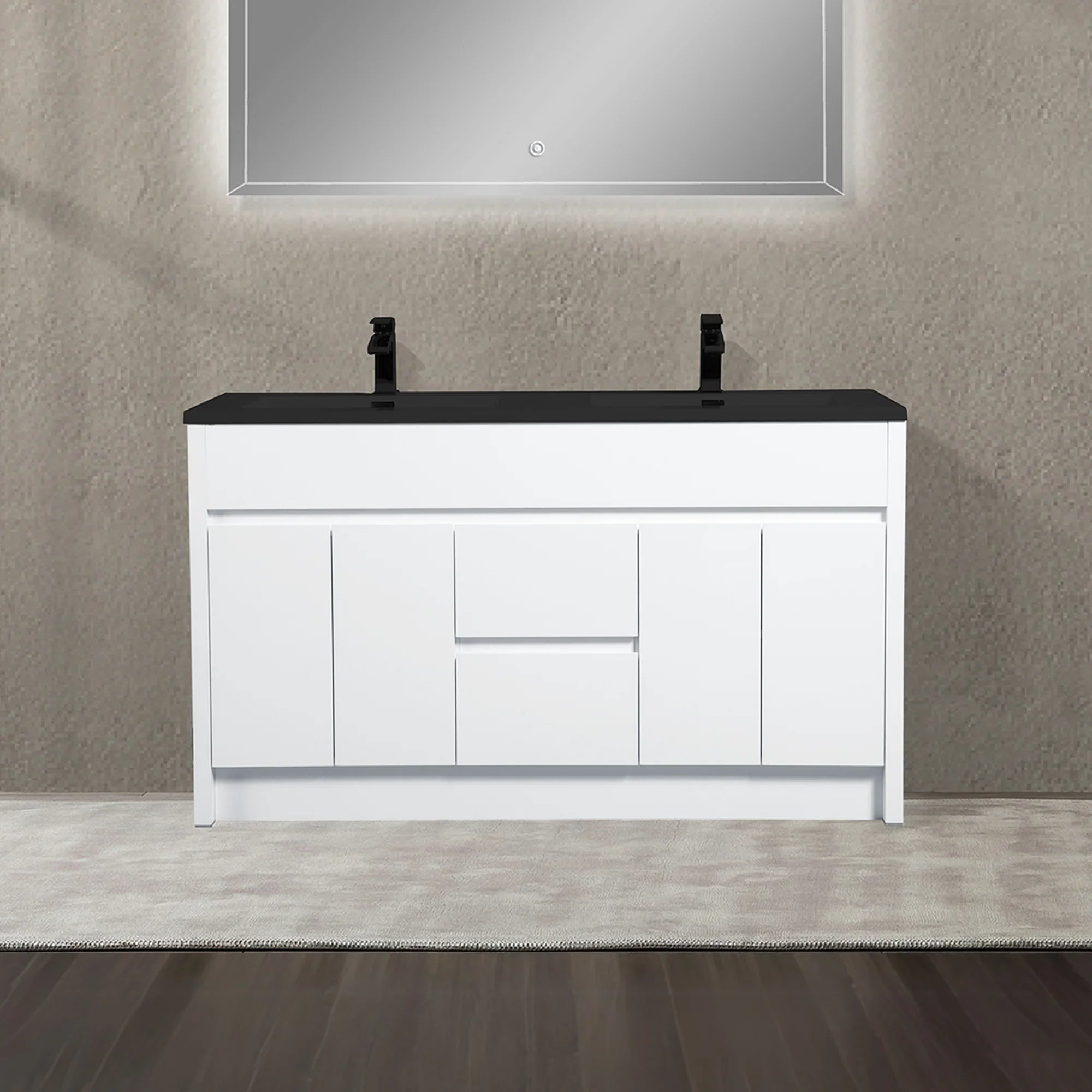 Meuble-Lavabo Autoportant 60po Blanc Mat avec Comptoir de Quartz d'ingénierie Noir