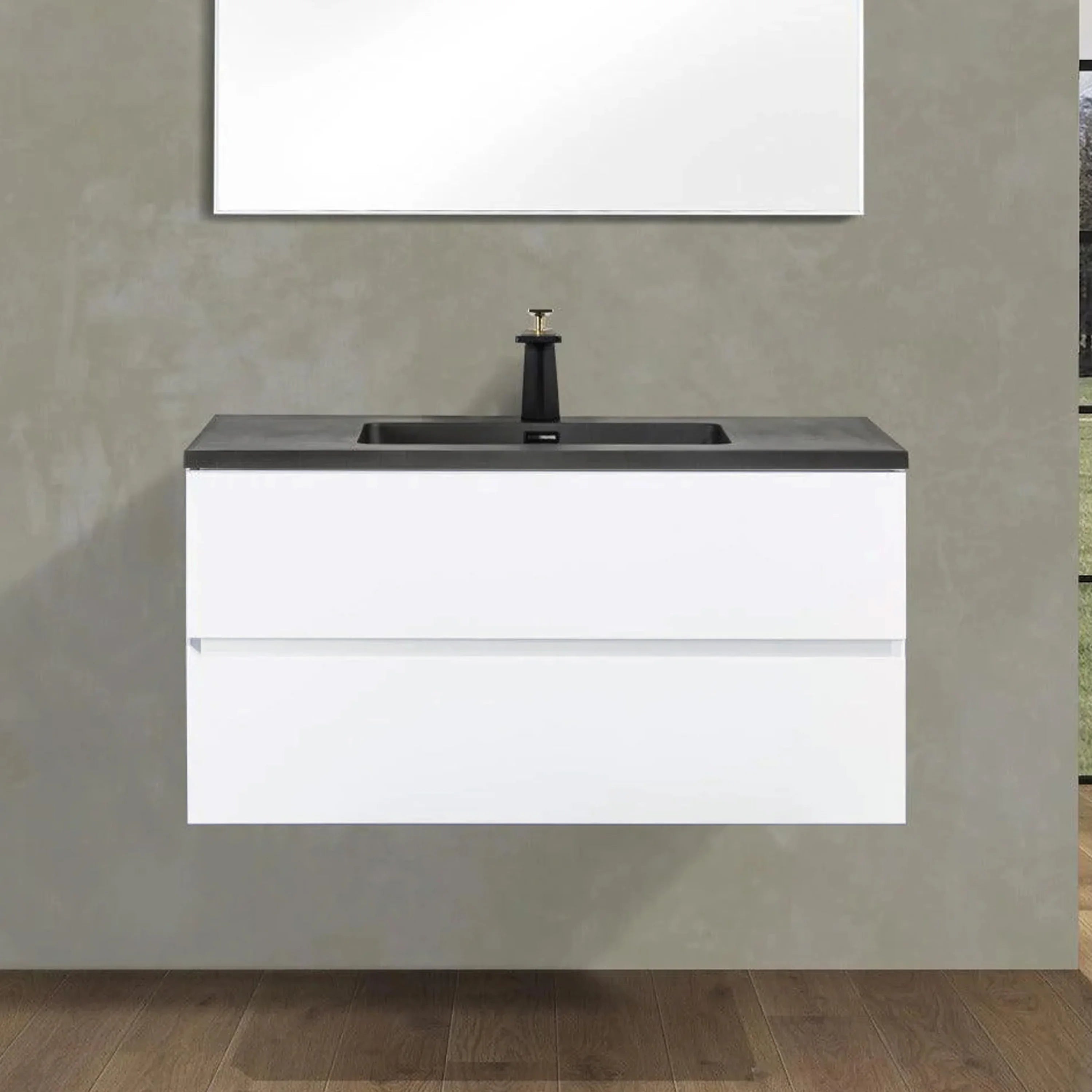 40" White Wall-Mounted Single Sink Bathroom Vanity with Black Engineered Quartz Countertop