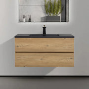 40" Rough Oak Wall Mount Bathroom Vanity with Black Engineered Quartz Countertop