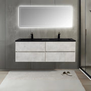 60" Grey Wall Mount Double Sink Bathroom Vanity with Black Engineered Quartz Countertop