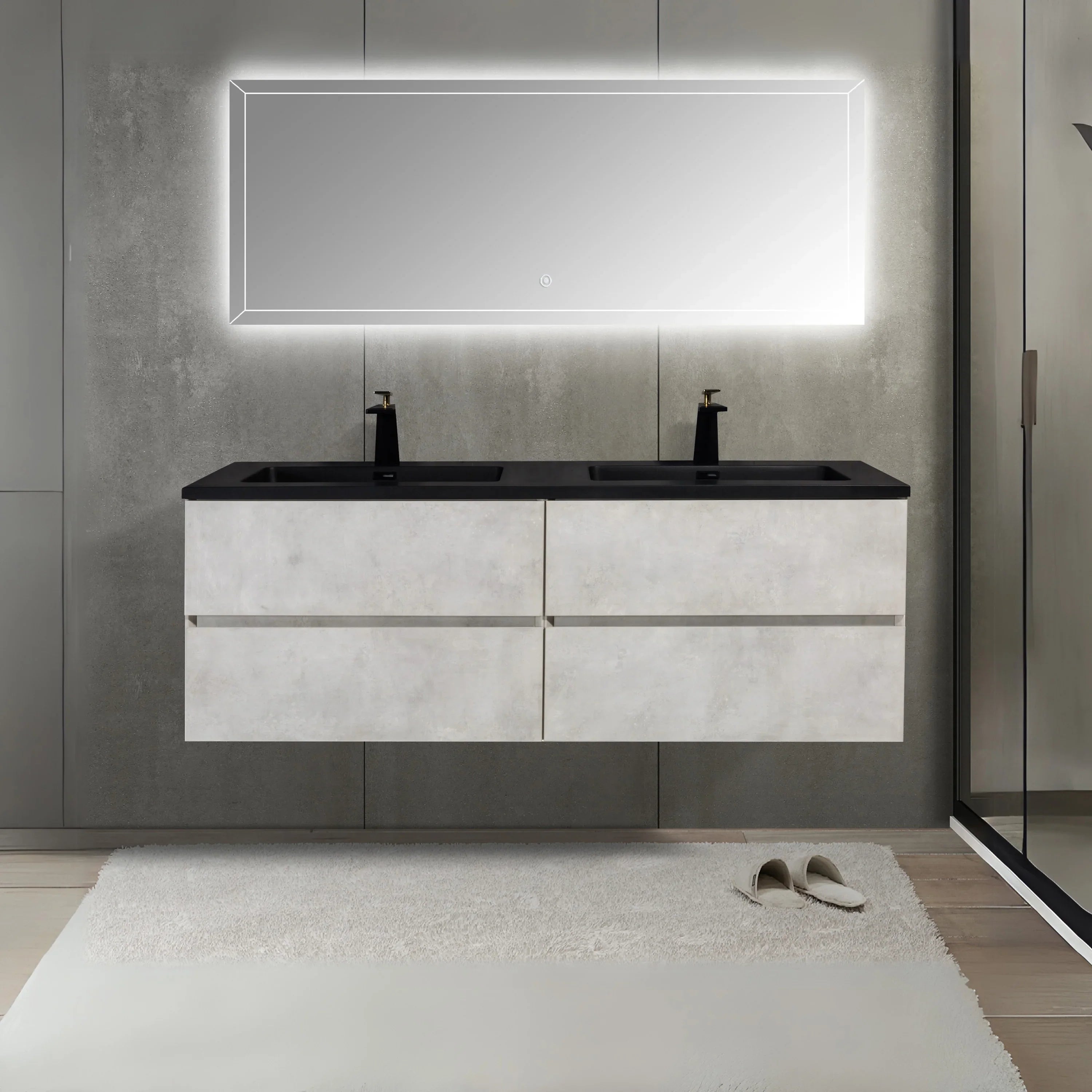 60" Grey Wall Mount Double Sink Bathroom Vanity with Black Engineered Quartz Countertop