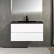 36" White Wall Mount Bathroom Vanity with Black Engineered Quartz Countertop