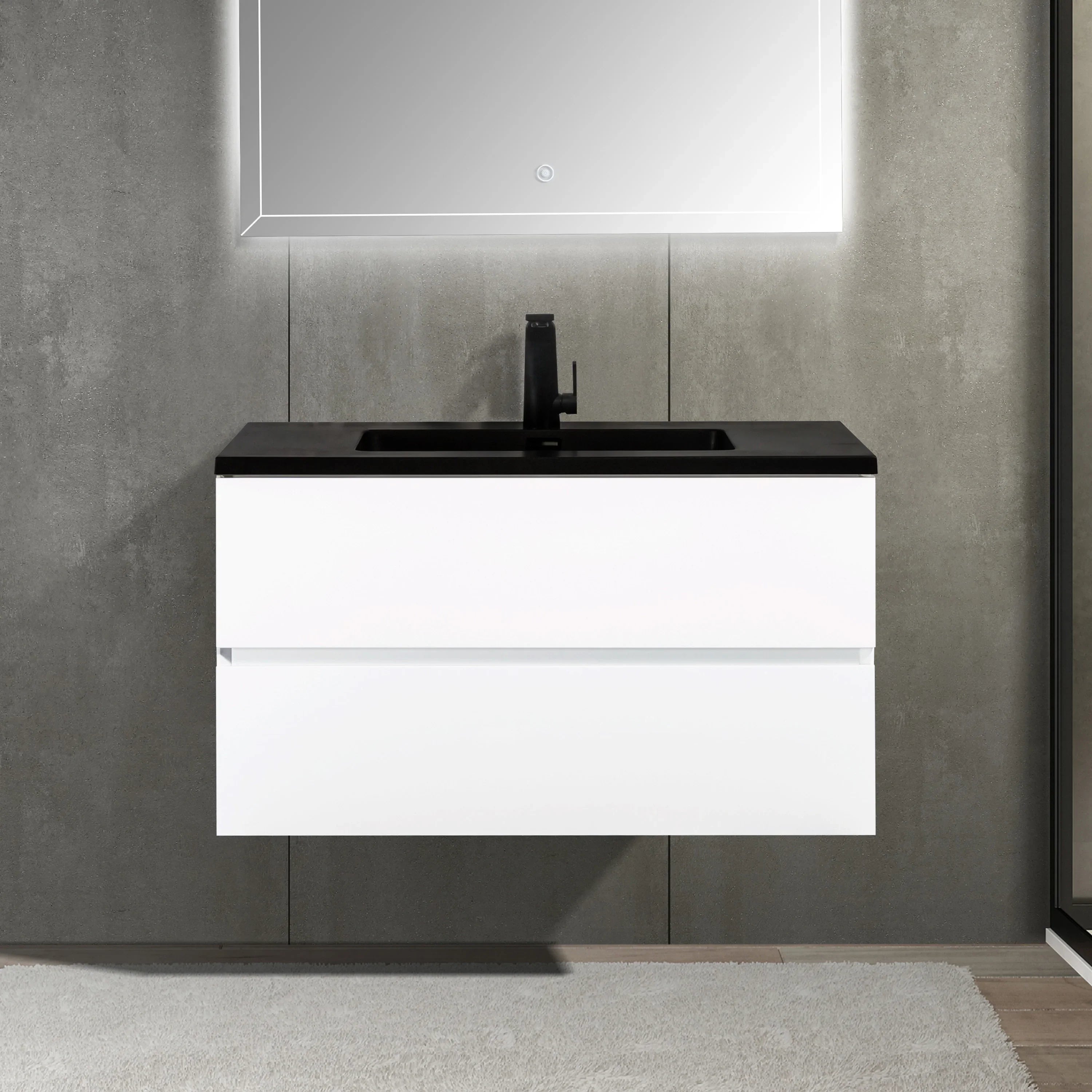 Meuble-lavabo mural blanc 36" avec Comptoir en quartz noir reconstitué