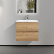 24" Rough Oak Wall Mount Bathroom Vanity with White Polymarble Countertop