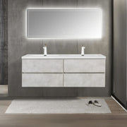 60" Grey Wall Mount Double Sink Bathroom Vanity with White Polymarble Countertop