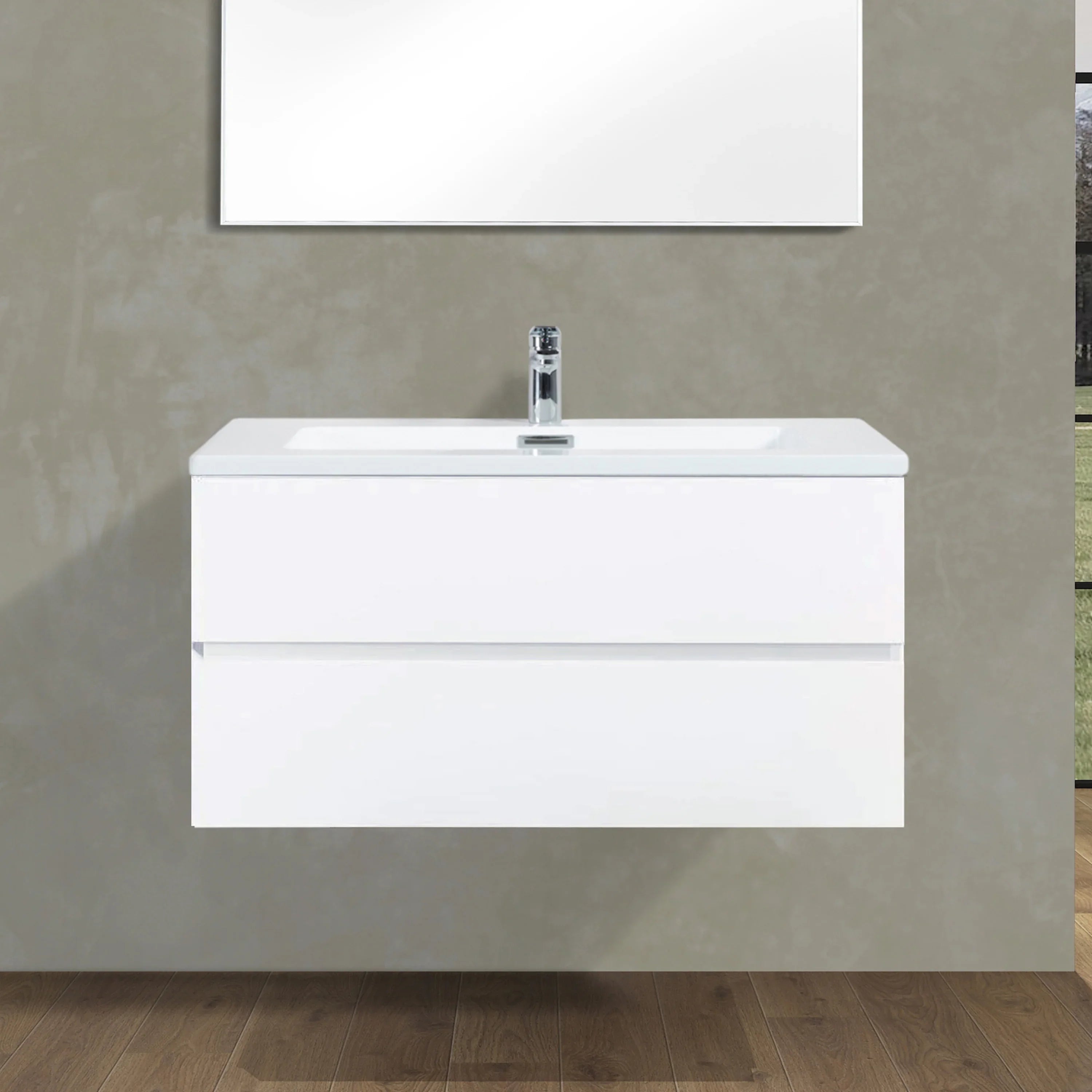 40" White Wall-Mount Single Sink Bathroom Vanity with Polymarble Countertop