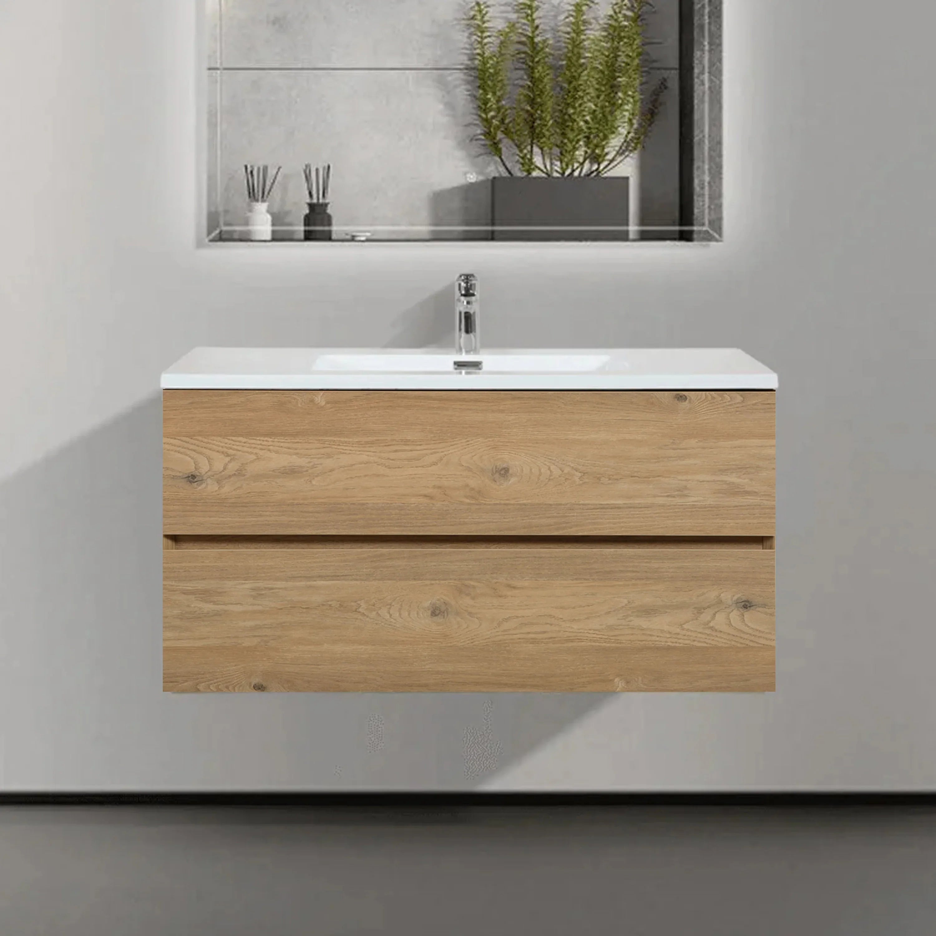 Meuble-Lavabo Mural 40po Chêne Brut avec Comptoir de Polymarbre Blanc