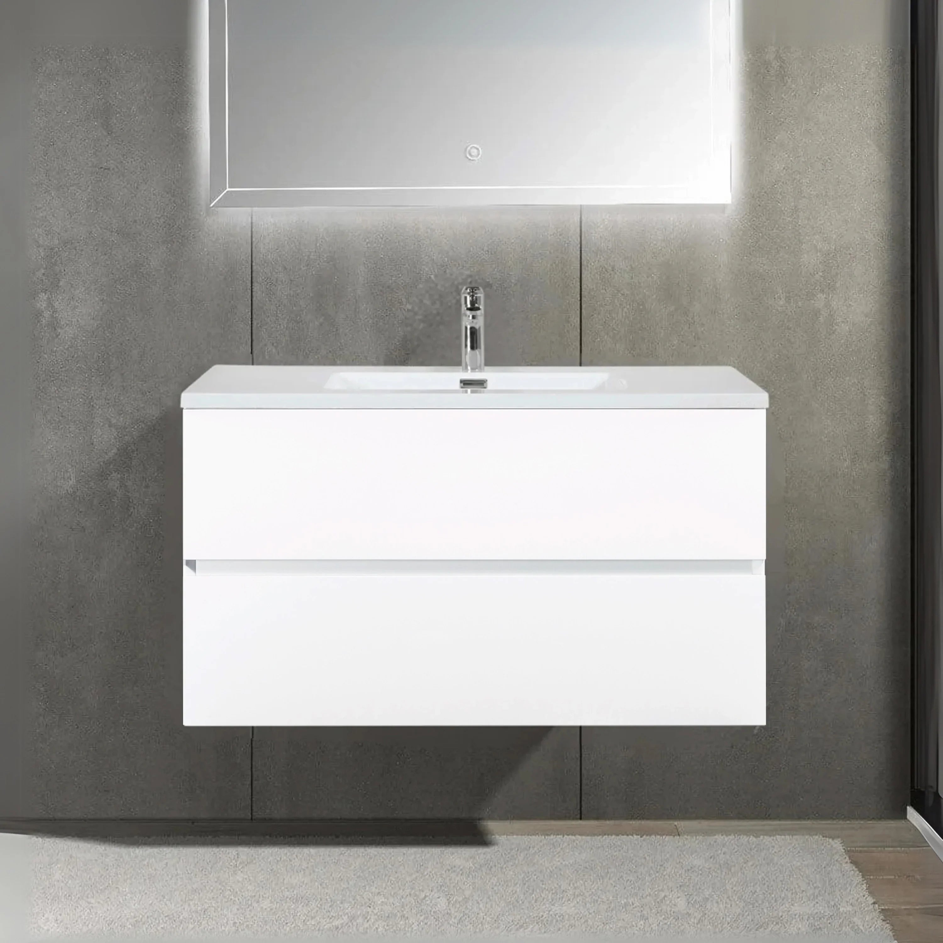 Meuble-Lavabo Mural 36po Blanc avec Comptoir de Polymarbre Blanc