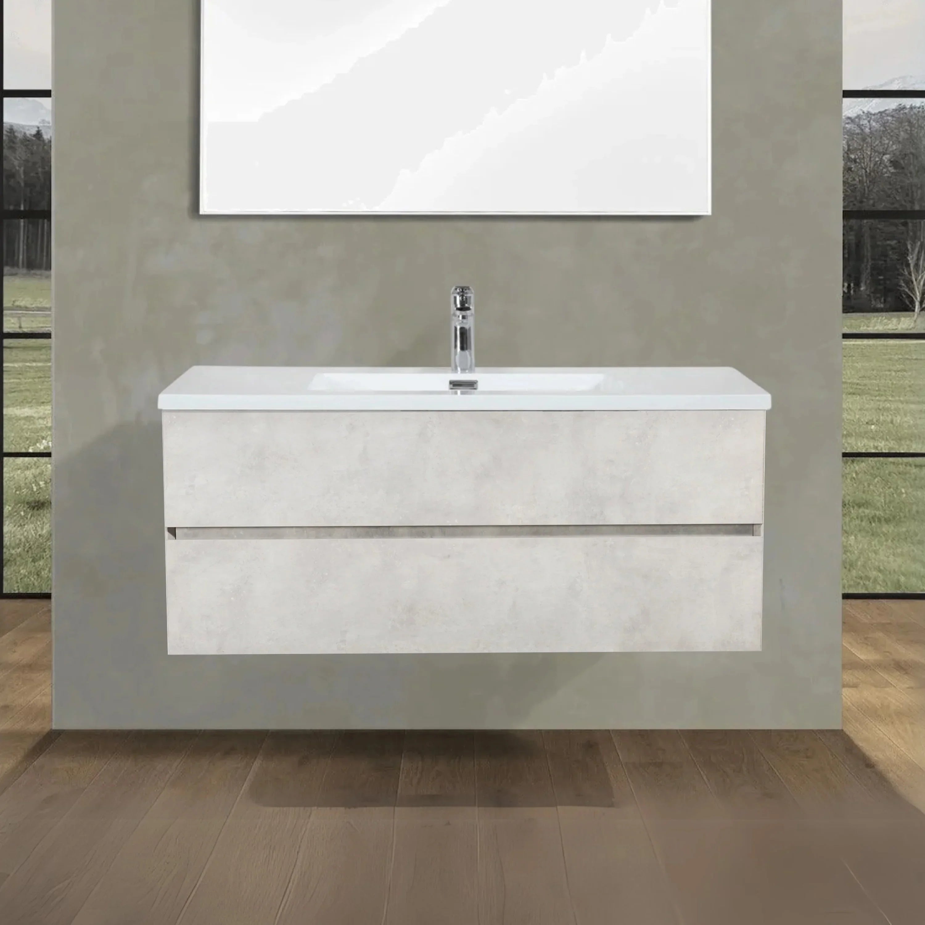 Meuble-Lavabo Mural 48po Gris avec Comptoir de Polymarbre Blanc