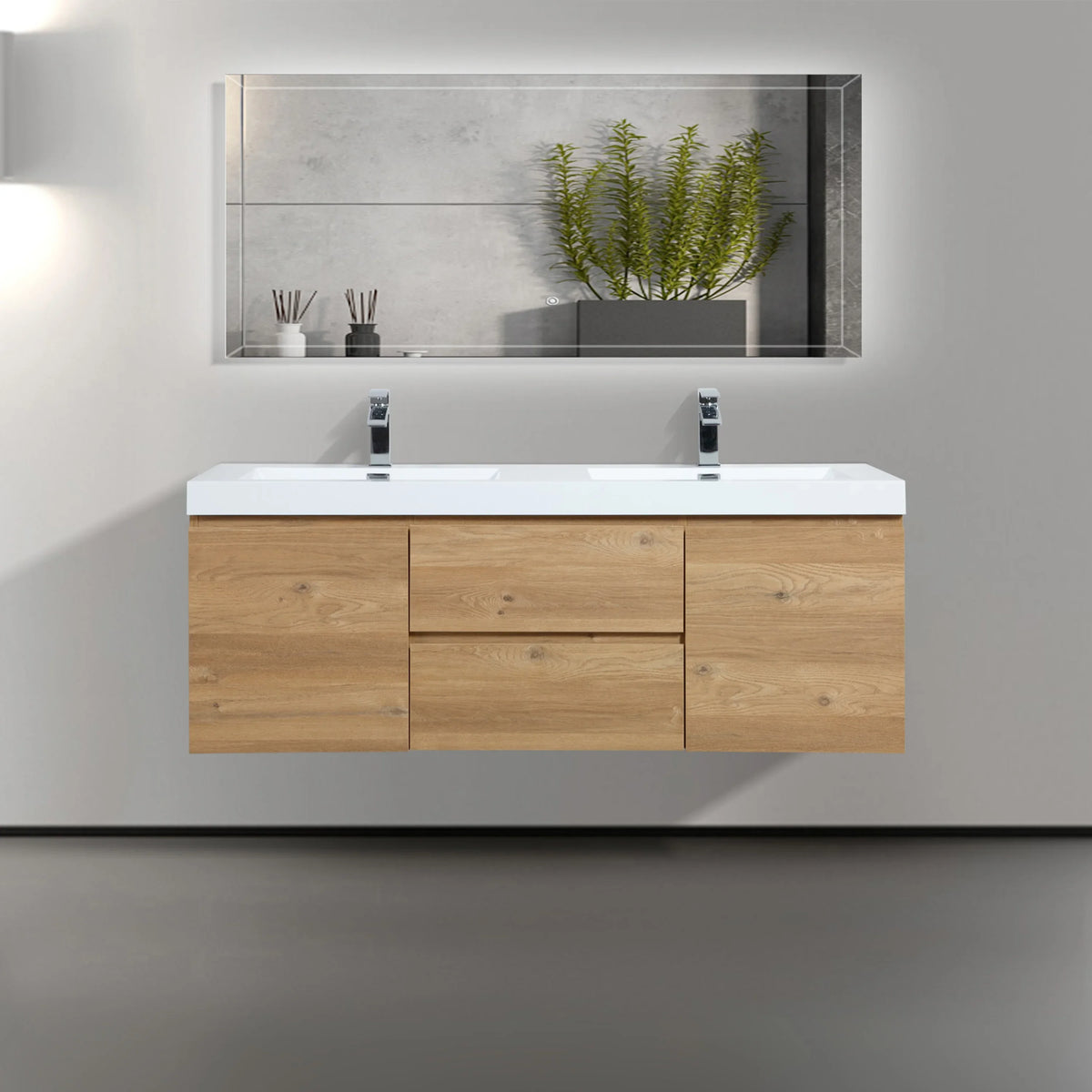 60" Rough Oak Wall Mount Double Sink Bathroom Vanity with White Polymarble Countertop