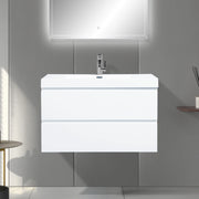 36" Glossy White Wall Mount Bathroom Vanity with White Polymarble Countertop