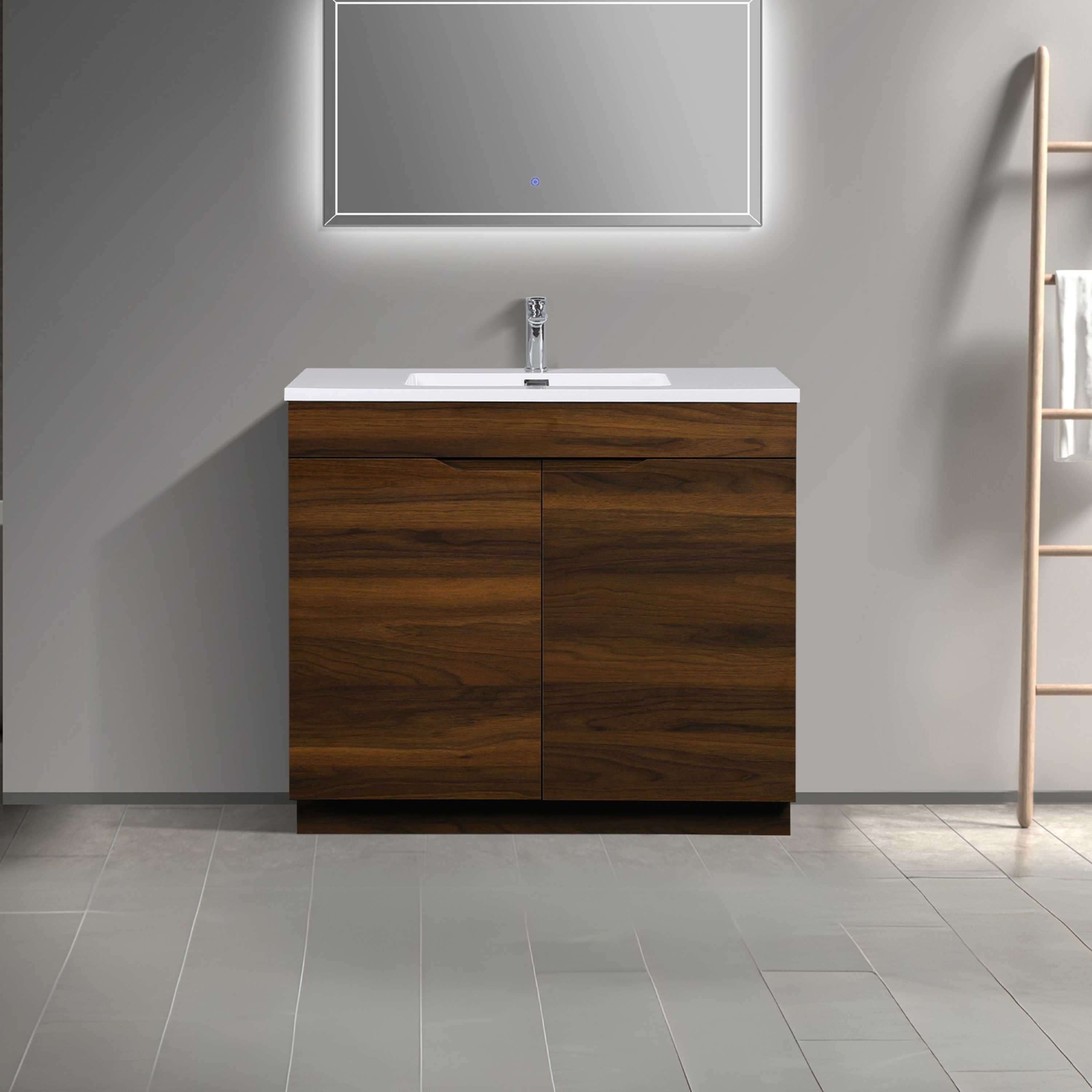 36" Walnut Freestanding Single Sink Bathroom Vanity with White Polymarble Countertop