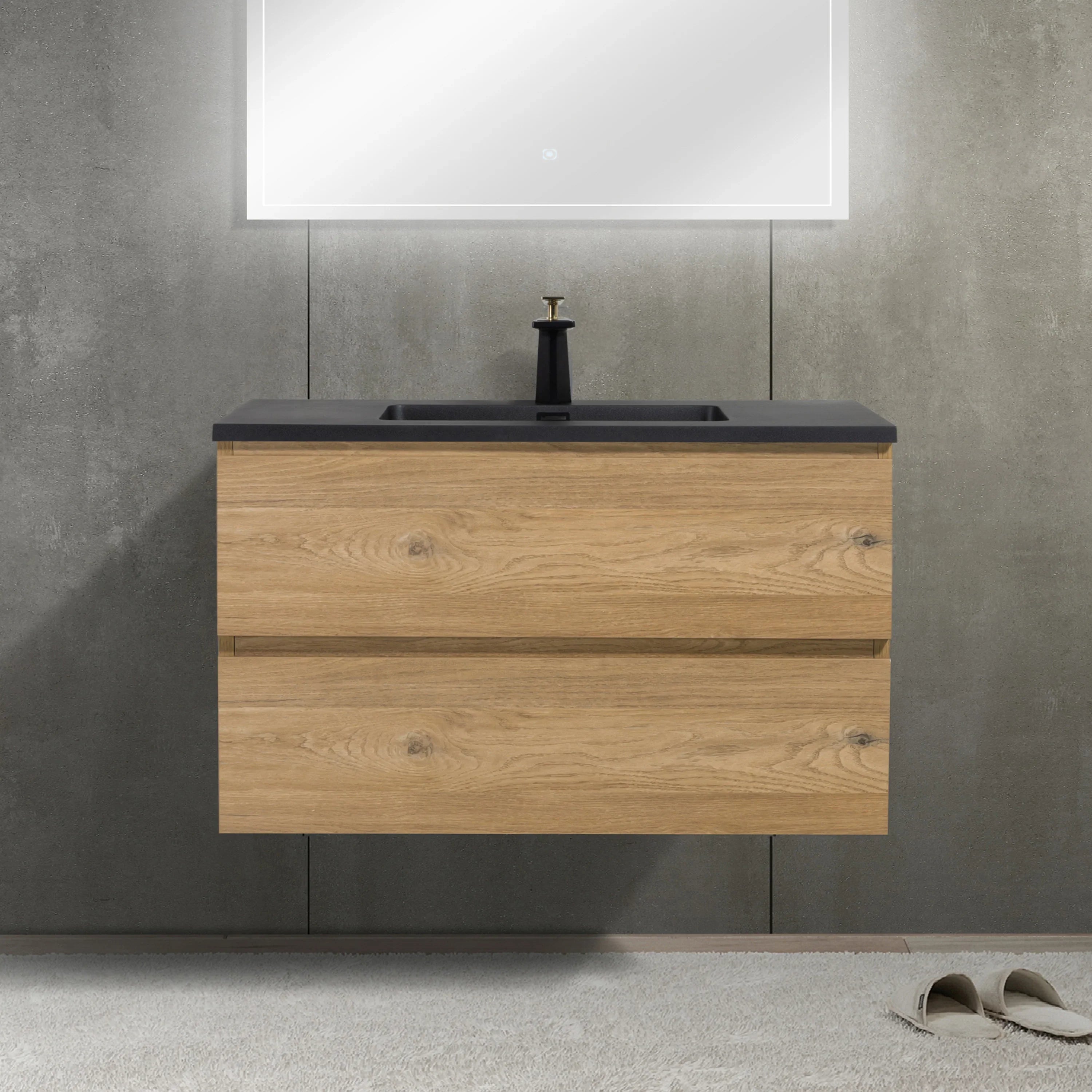 Meuble-Lavabo Mural 36po Chêne Brut avec Comptoir de Quartz d'ingénierie Noir
