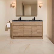 60" Rough Oak Freestanding Double Sink Bathroom Vanity with Black Engineered Quartz Countertop