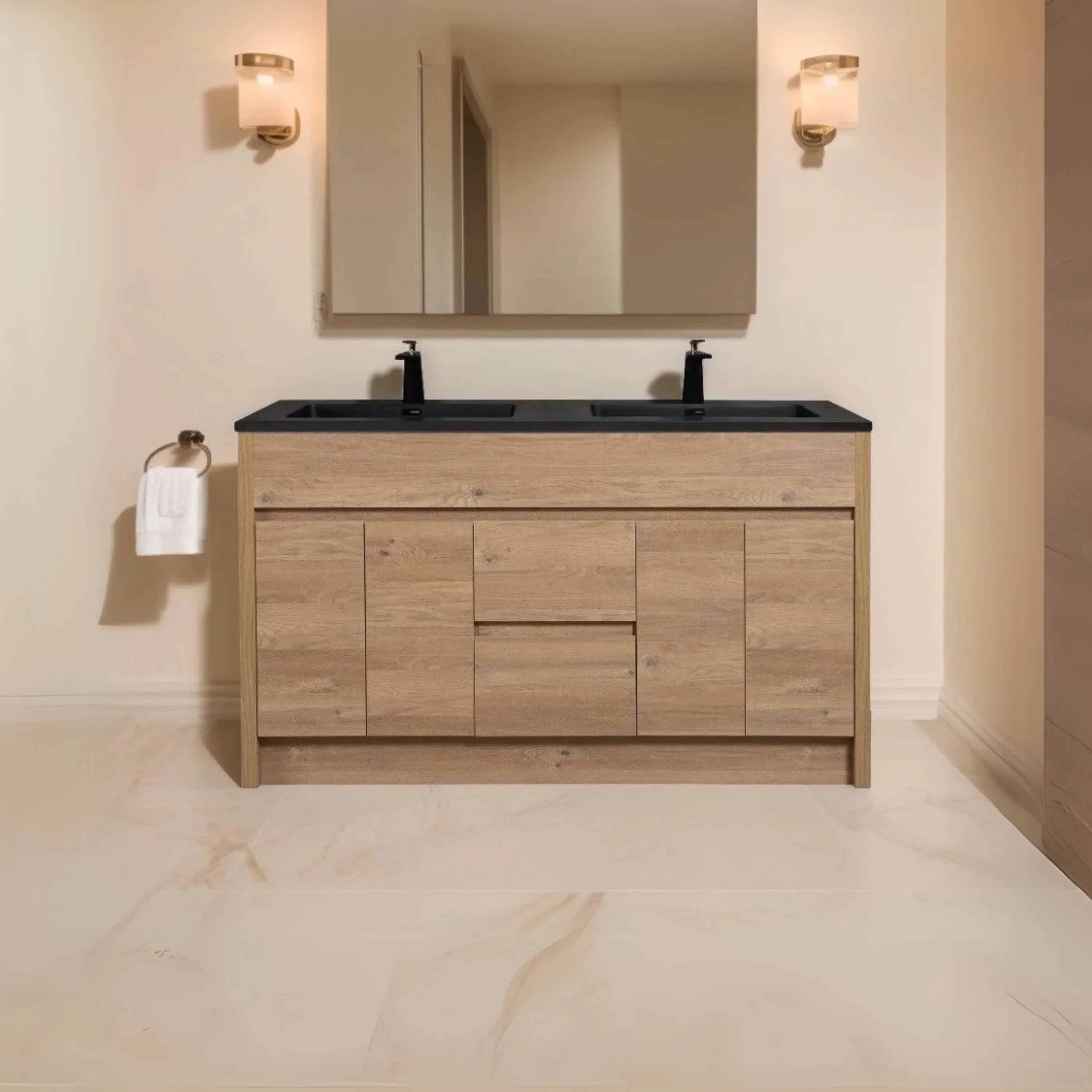 60" Rough Oak Freestanding Double Sink Bathroom Vanity with Black Engineered Quartz Countertop