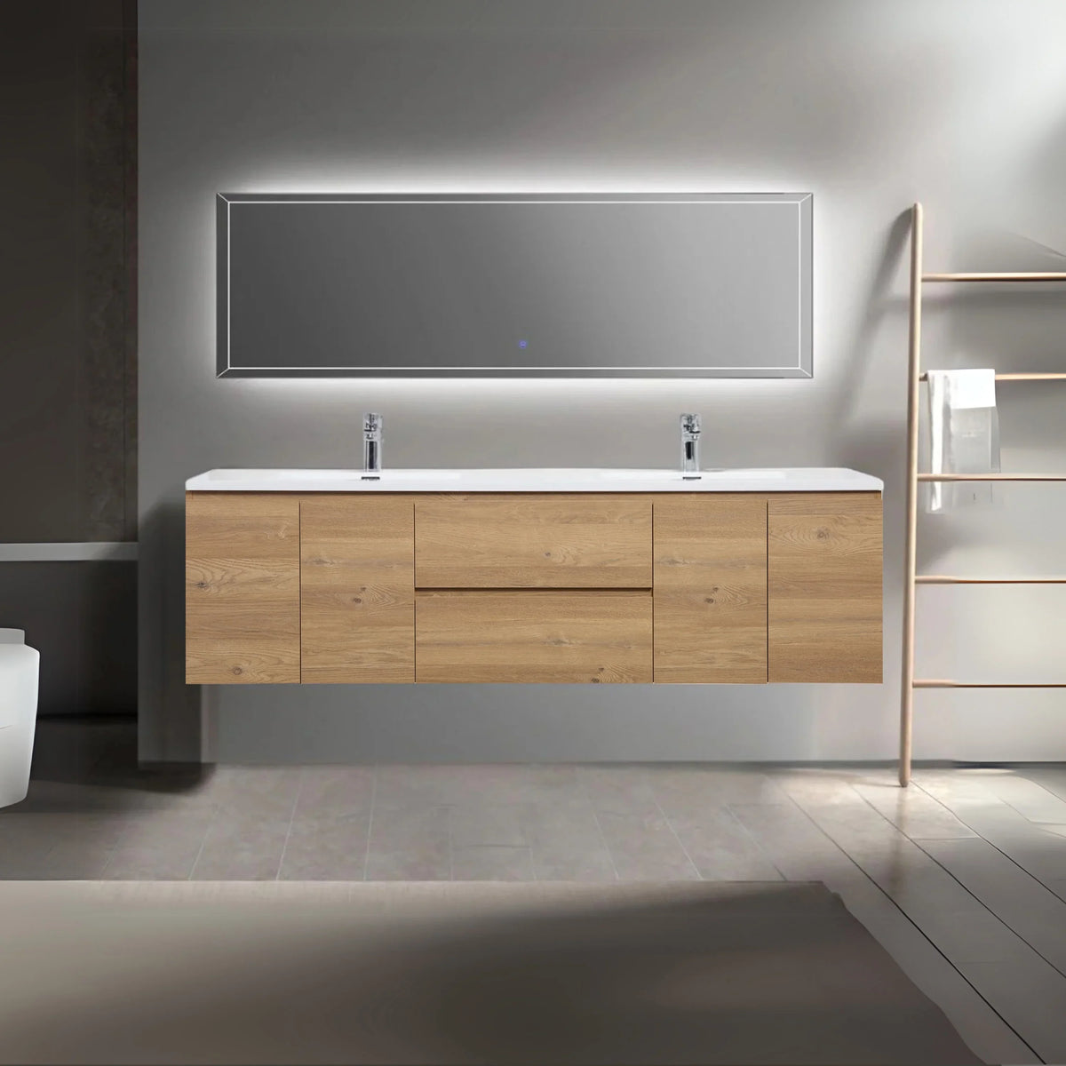 72" Rough Oak Wall Mount Double Sink Bathroom Vanity with White Polymarble Countertop