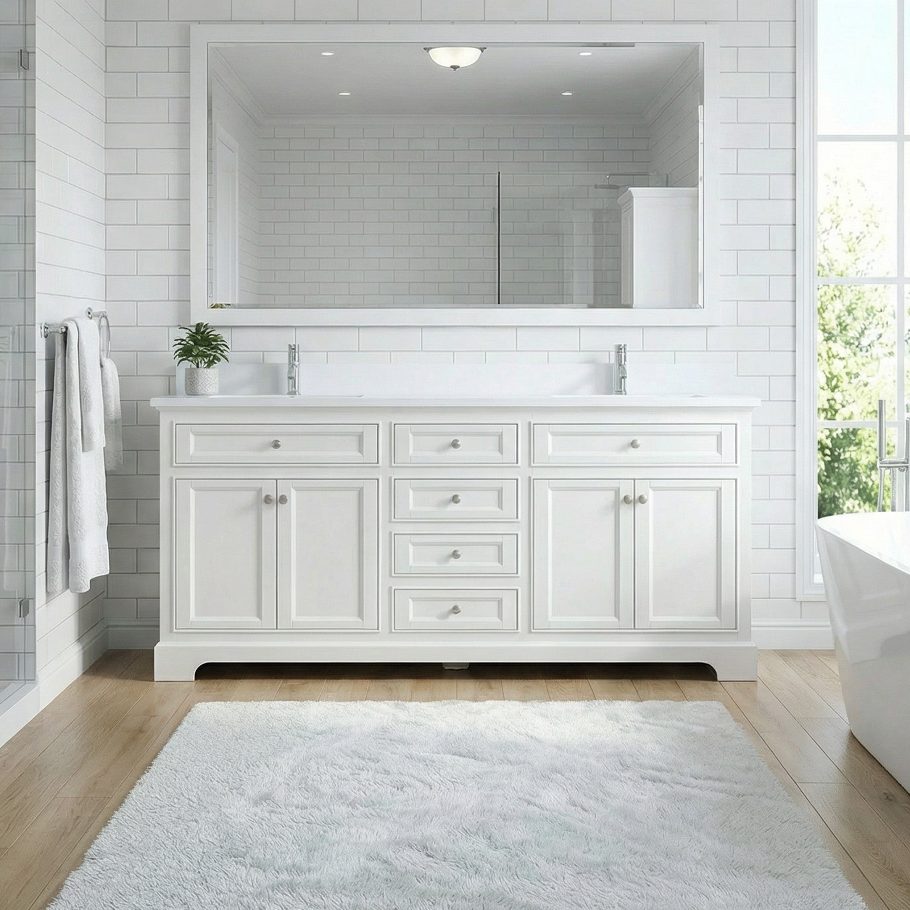 Meuble-lavabo autoportant blanc de 72 po avec comptoir en marbre blanc reconstitué