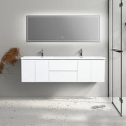 72" White Wall Mount Double Sink Bathroom Vanity with White Polymarble Countertop