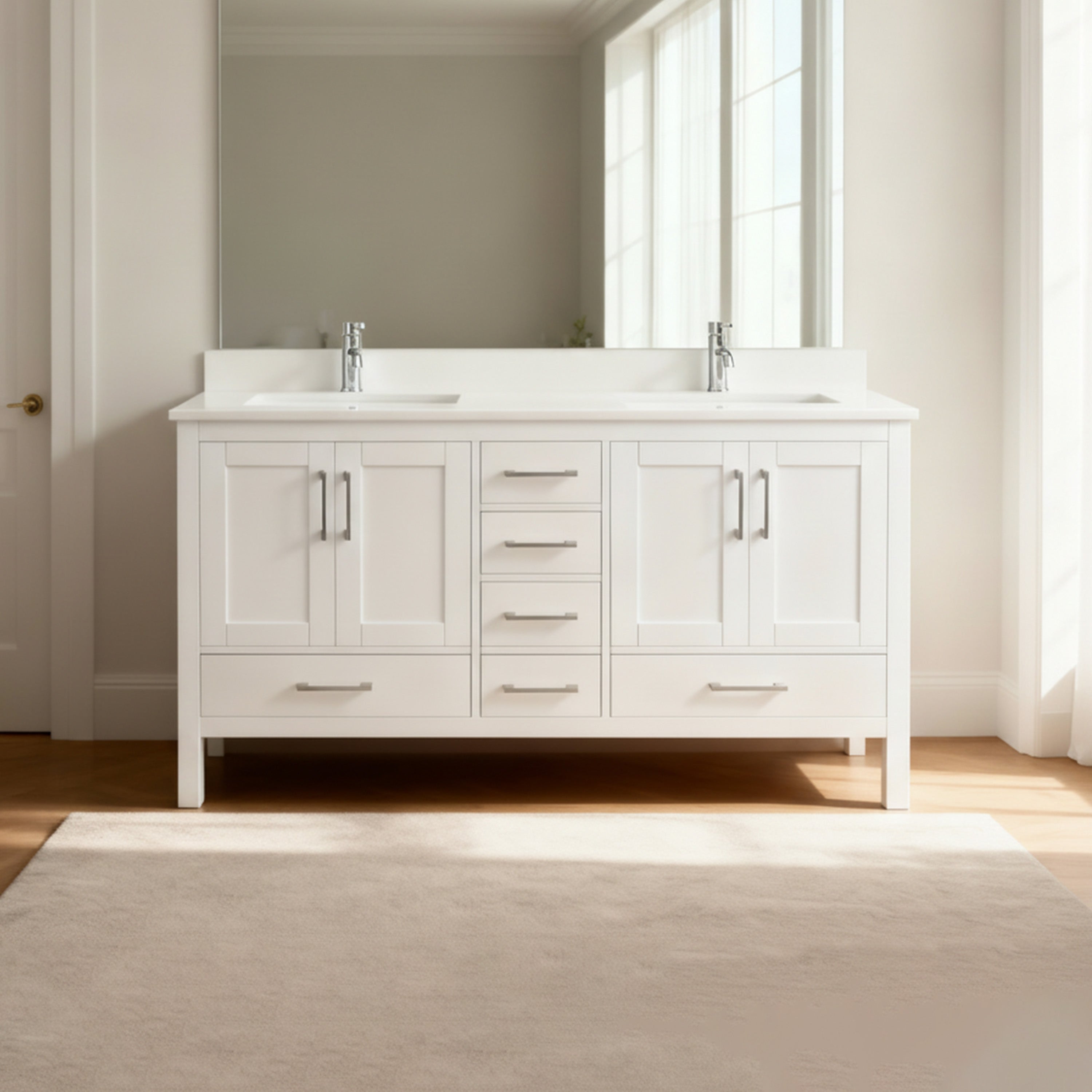 60" White Freestanding Double Sink Bathroom Vanity with Engineered White Marble Countertop