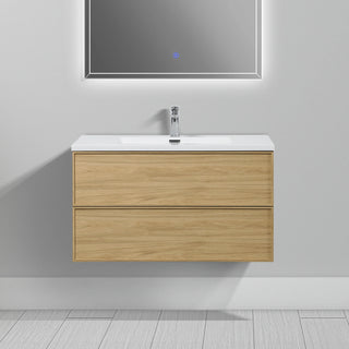 Meuble-Lavabo Mural 36po Noyer Couchant avec Comptoir de Polymarbre Blanc