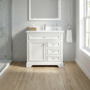 Meuble-lavabo autoportant blanc de 36 po avec comptoir en marbre blanc reconstitué