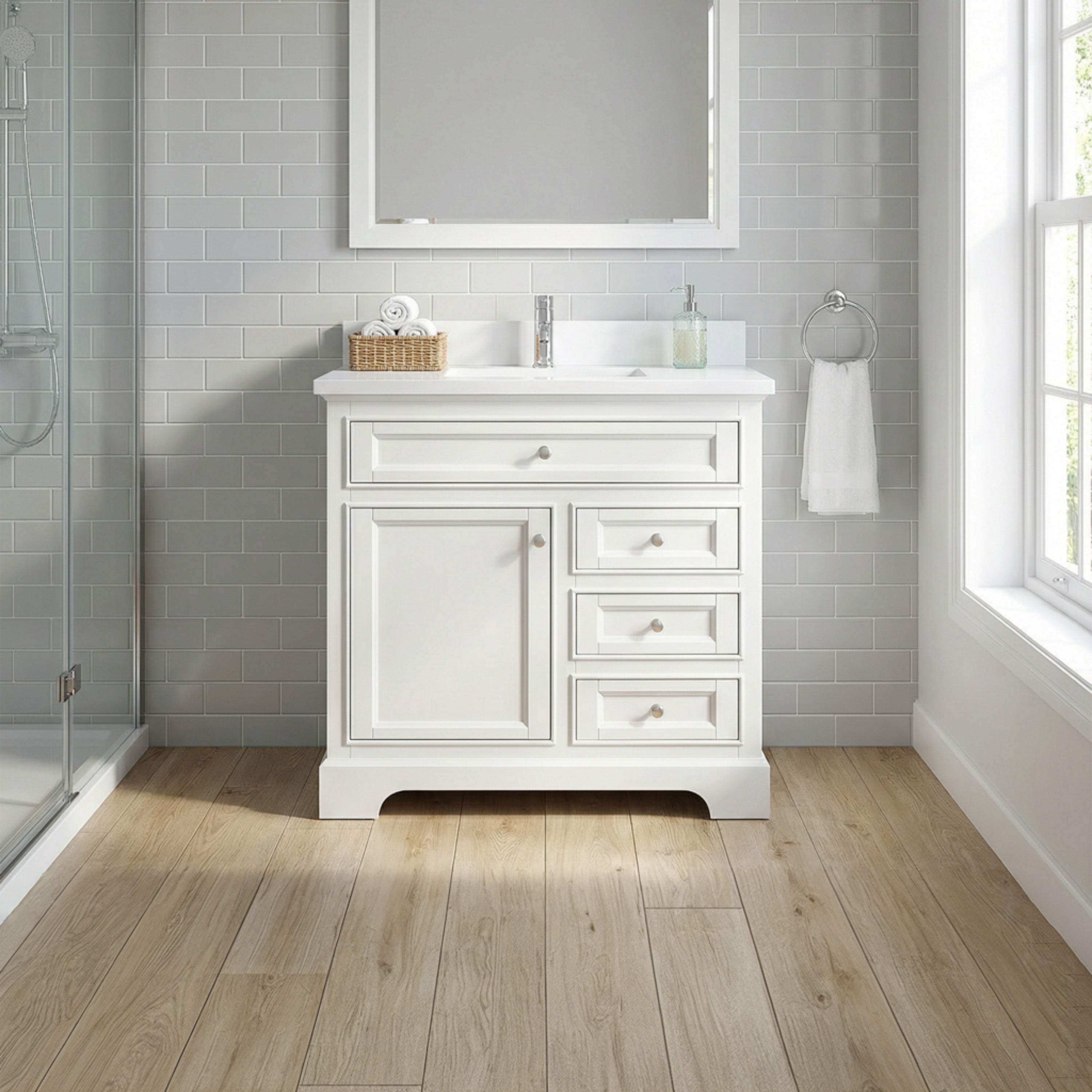 Meuble-lavabo autoportant blanc de 36 po avec comptoir en marbre blanc reconstitué