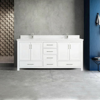 72" White Freestanding Double Sink Bathroom Vanity with Engineered White Marble Countertop