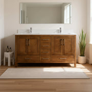 60" Walnut Freestanding Double Sink Bathroom Vanity with Engineered White Marble Countertop