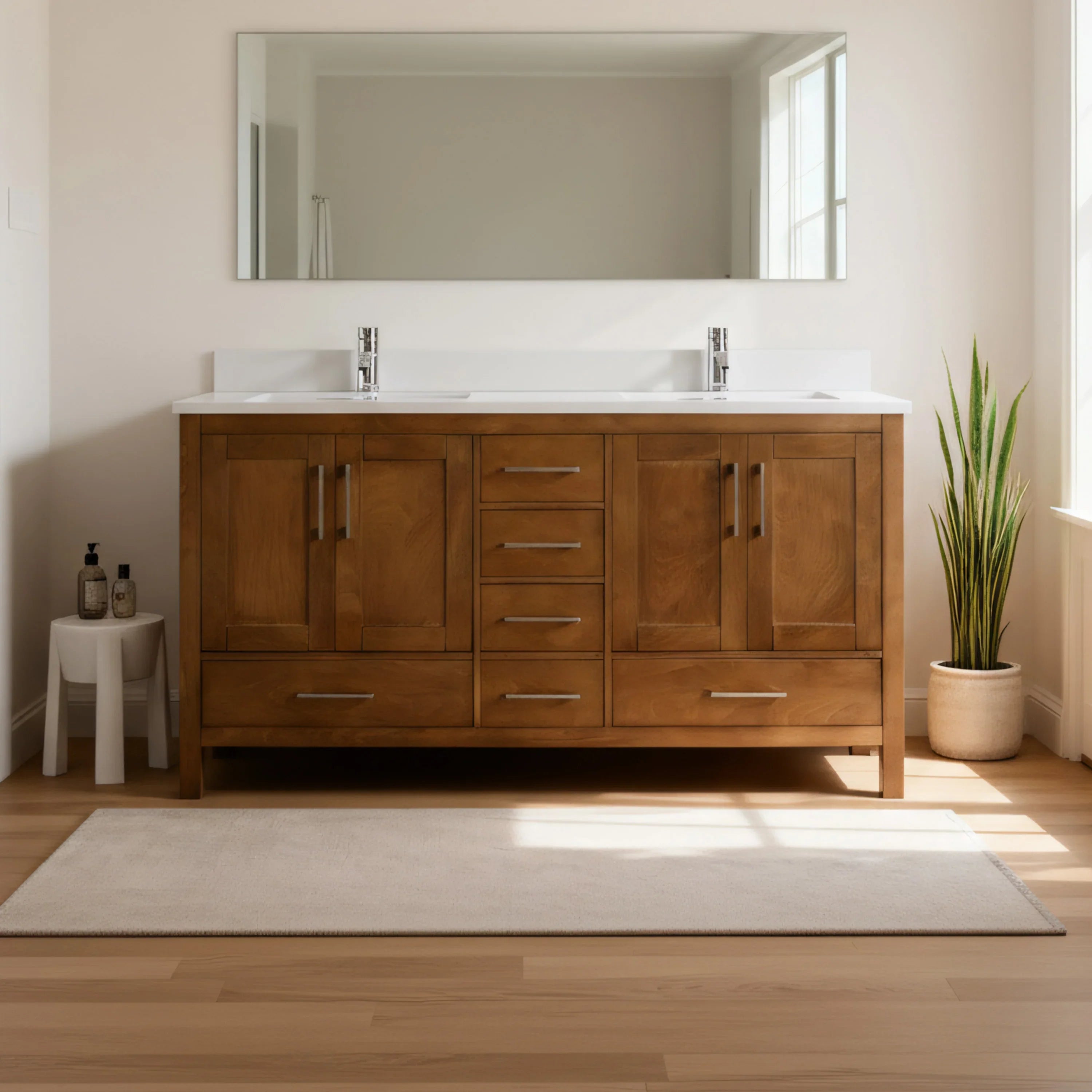 60" Walnut Freestanding Double Sink Bathroom Vanity with Engineered White Marble Countertop