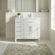 Meuble-lavabo autoportant blanc de 36 po avec comptoir en marbre blanc reconstitué