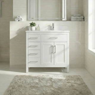 36" White Freestanding Bathroom Vanity with Engineered White Marble Countertop
