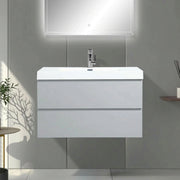36" Grey Wall-Mount Single Sink Bathroom Vanity with White Polymarble Countertop