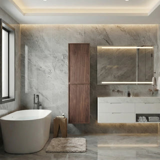 Armoire à linge de salle de bain sur pied - Noyer naturel - Réversible