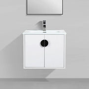 24" White Wall Mount Bathroom Vanity with White Ceramic Countertop